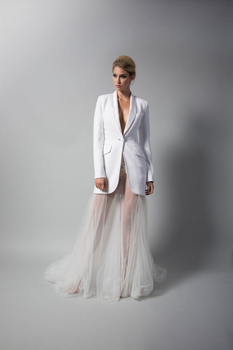 Are you looking for something a little bit different and definitely ultra-chic? Tuxedo dresses or a white lace pant suit is your answer! See how beautiful you can look in a tuxedo dress like this! 