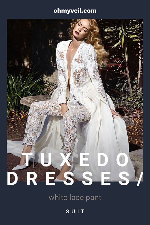 When it comes to your wedding day, you should wear what you want. Maybe you like to do something a little outside of norm. If so, we are showing you about a new trend that is taking over bridal shops. We are talking about tuxedo dresses and white lace pant suits. Say no to the dress with a pantsuit, or make your dress more like a tuxedo. Either way, you will definitely look beautiful and more importantly feel comfortable. #weddingtrends #weddingfashion #optionsforthebride