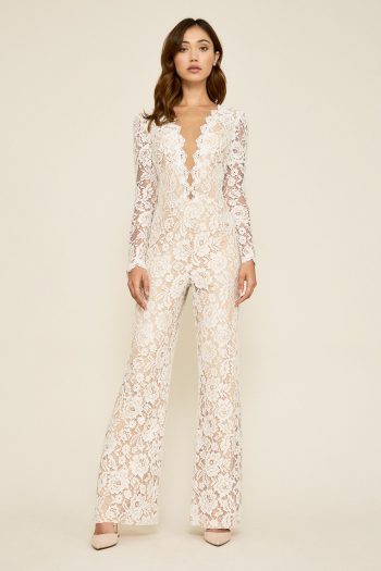 Are you looking for something a little bit different and definitely ultra-chic? Tuxedo dresses or a white lace pant suit is your answer! This white lace pant suit will be a hit with all of your friends and family! 